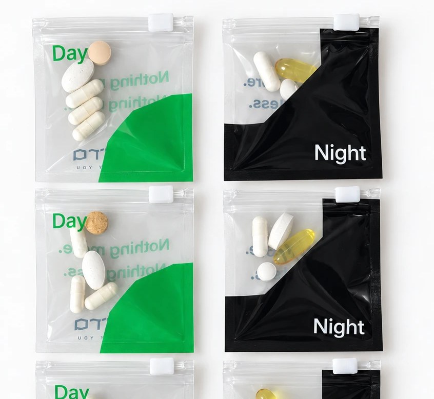 Tyttra day and night sachets with the week's capsules, on a white background
