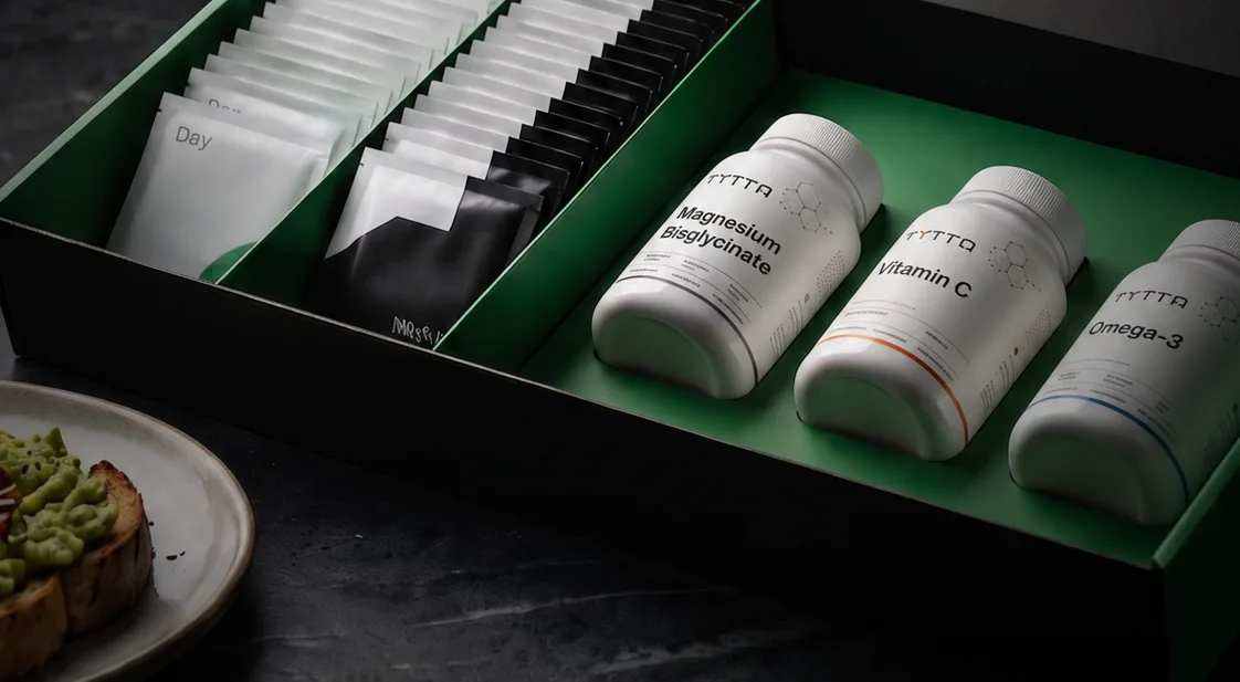 Tyttra monthly box: day and night sachets with supplement bottles