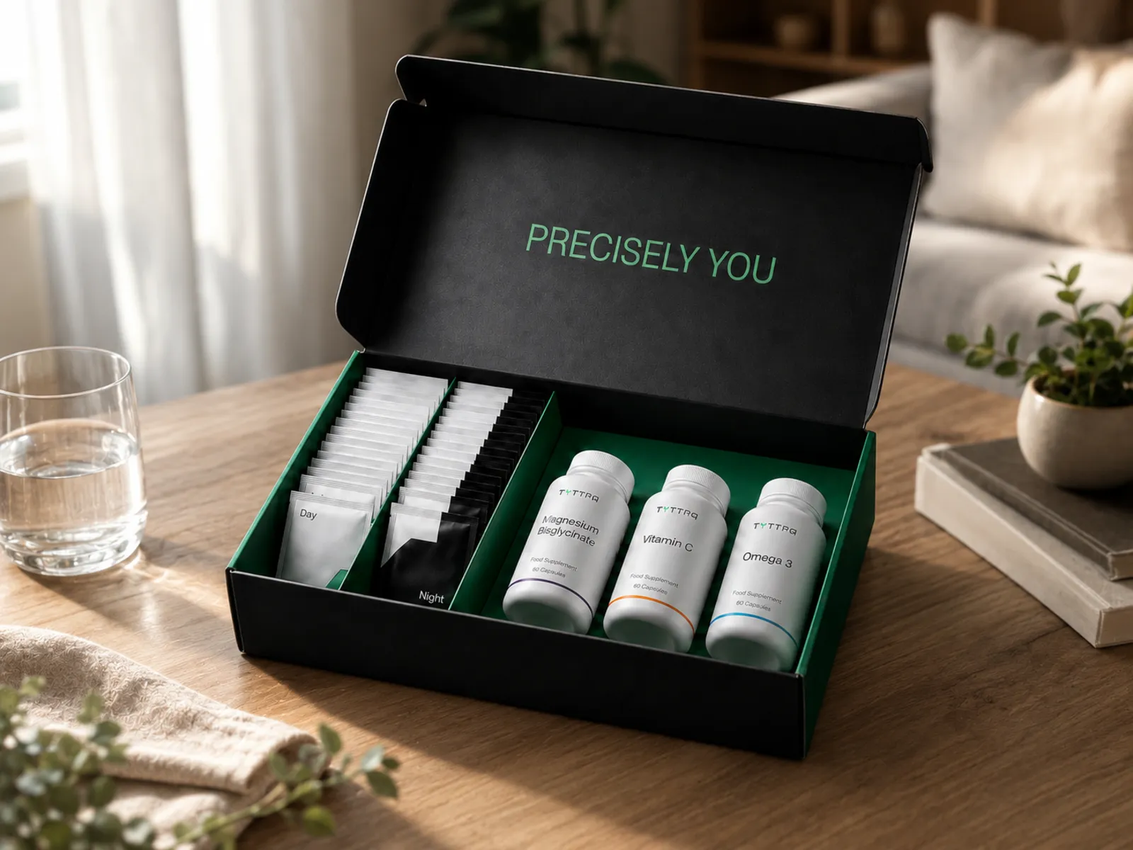The Tyttra monthly box open at home: day and night sachets with supplement jars